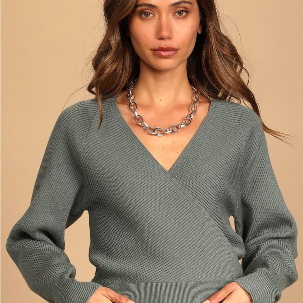 Lulu’s Cuddlesome Sage Green Surplice Ribbed Knit Sweater